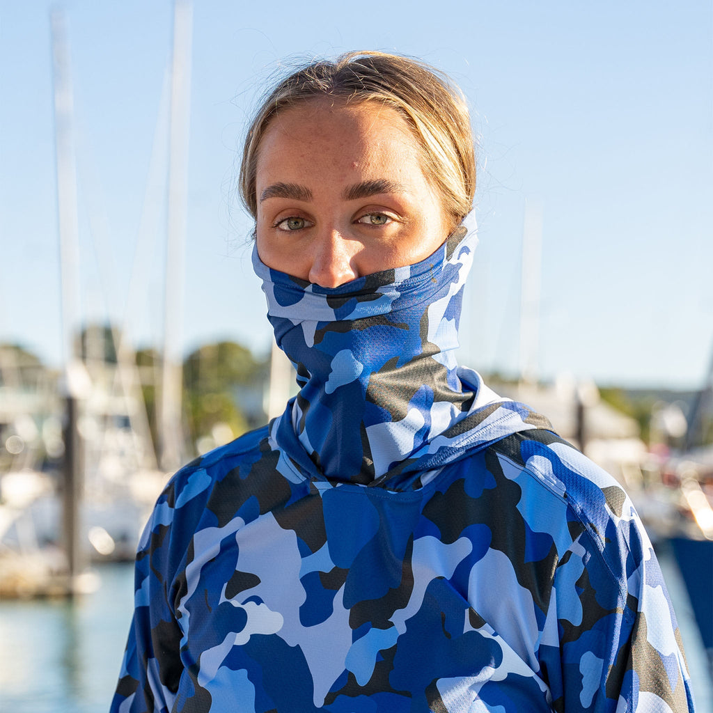 Burke Hooded Sun Shirt with built-in neck gaiter - blue camo