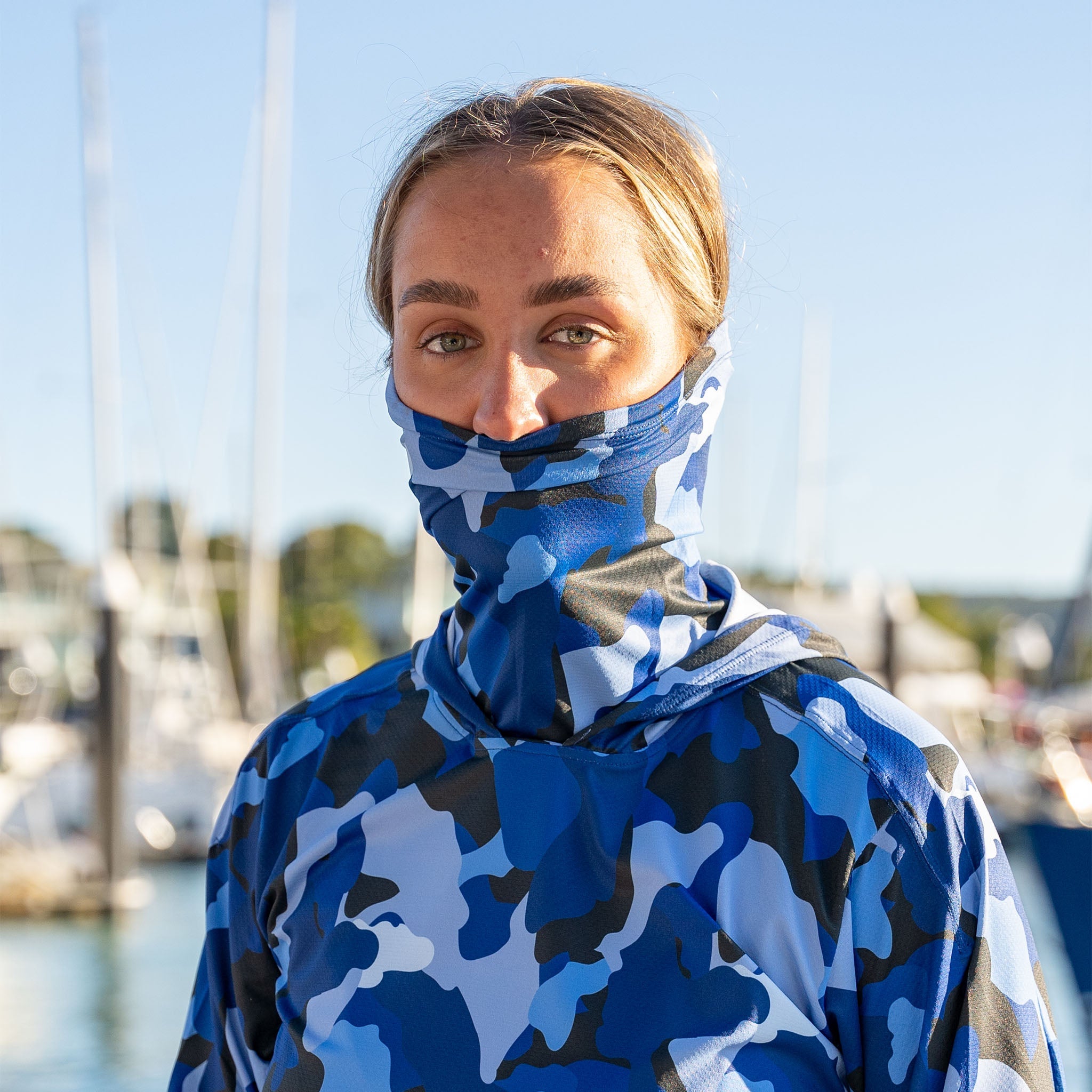 Burke Hooded Sun Shirt with built-in neck gaiter - blue camo
